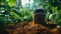 Coffee beans in jar amidst coffee plants in garden Royalty Free Stock Photo