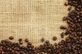 Coffee beans on juta background Royalty Free Stock Photo