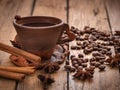 Coffee beans in jute bag with coffee grinder