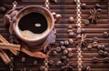 Coffee beans in jute bag with coffee grinder