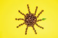 Coffee beans are laid out in the shape of sun on a yellow background. Royalty Free Stock Photo