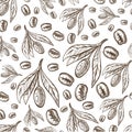 Coffee beans and leaves of Coffea plant seamless pattern