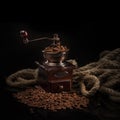 Coffee beans with coffee mill