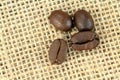 Coffee beans on a linen sack. Macro shot Royalty Free Stock Photo