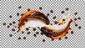 Coffee beans and liquid splash on transparent background Royalty Free Stock Photo