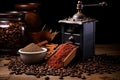 coffee beans beside a manual burr grinder