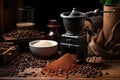 coffee beans beside a manual burr grinder