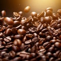 Coffee beans in motion on a blurred background. Blur. The main ingredient for the morning Americano, invigorating espresso.