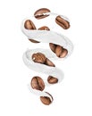 Coffee beans moves in a swirling splashes of milk on white Royalty Free Stock Photo