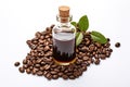 Coffee Beans Oil in Small Vintage Bottle Isolated, Organic Essential Oil Illustration