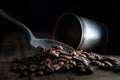 coffee beans on old rusty spoon on wooden background