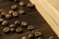 Coffee beans on old vintage open book. Menu, recipe, mock up. Wooden background. Royalty Free Stock Photo