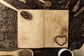 Coffee beans on old vintage open book. Menu, recipe, mock up. Wooden background.