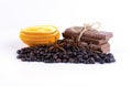 Coffee beans, orange lobules, chocolate and spices Royalty Free Stock Photo