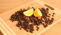 Coffee beans and an orange