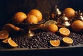Coffee beans orange and purple tablets, oranges, and purple tablets Royalty Free Stock Photo