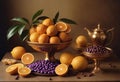 Coffee beans orange and purple tablets, oranges, and purple tablets Royalty Free Stock Photo