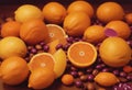 Coffee beans orange and purple tablets, oranges, and purple tablets Royalty Free Stock Photo