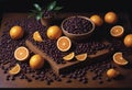 Coffee beans orange and purple tablets, oranges, and purple tablets Royalty Free Stock Photo