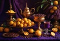 Coffee beans orange and purple tablets, oranges, and purple tablets Royalty Free Stock Photo