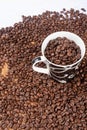 Coffee beans overflowing from a beautiful cup Royalty Free Stock Photo