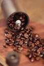 Coffee beans overflowing from the coffee mill Royalty Free Stock Photo