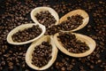 Coffee beans on palm leaf plates in a flower form