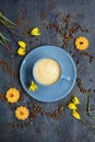 Coffee beans pattern. Blue cup of coffee, cookies and yellow tulips on a dark background. View from above Royalty Free Stock Photo