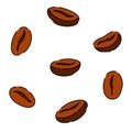 Coffee beans pile Robusta, arabica. Cappuccino, mocha, espresso, latte, chocolate ingredient