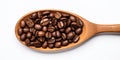 Coffee Beans Pile In Wooden Spoon On White Background. Closeup Top View Of Heap Roasted Coffee Seed. AI generated