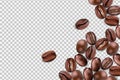 Coffee beans. Realistic 3d seeds, fresh roast, isolated arabica or robusta on transparent background. Espresso or