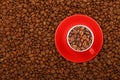 Coffee beans in red cup with saucer top view Royalty Free Stock Photo