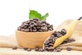 Coffee beans roasted in a wooden bowl and beans scoop on sackcloth isolated over white background Royalty Free Stock Photo