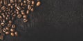 Coffee beans on rustic black background from above. Coffee shop creative menu design layout