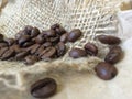 Coffee beans on sack background. Closeup photo Royalty Free Stock Photo