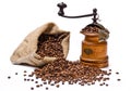 Coffee beans sack with wooden coffee grinder