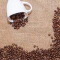 Coffee beans on sackcloth white cup Royalty Free Stock Photo