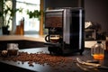 coffee beans scattered around smart coffee machine