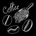 Coffee beans and scoop full of them. White contour hand drawn sketch. Vector illustration isolated on black background. Royalty Free Stock Photo