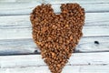 coffee beans, seeds of the Coffea plant and the source for coffee. coffee beans in a heart shaped formation, caffeine lover and