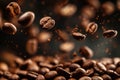 Coffee beans are seen in a chaotic motion, flying through the air. The beans are scattered haphazardly, creating a dynamic and