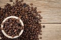 Coffee beans set up on wooden cask and rustic background