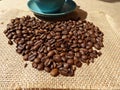 Coffee beans in shape of heart on a background of burlap Royalty Free Stock Photo