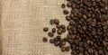 Coffee beans spilled out onto burlap sack cloth with copy space on left Royalty Free Stock Photo