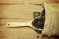 Coffee beans spilling from a burlap bag and a scoop Royalty Free Stock Photo