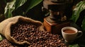 Coffee Beans Spill from Burlap Sack Next to Vintage Grinder and Hot Drink Royalty Free Stock Photo