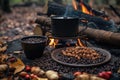 coffee beans spilling near campfire and pot Royalty Free Stock Photo