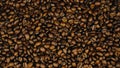 The coffee beans spin rotate quickly fast fly, dispart, splash to the sides with centrifugal coriolis force. Coffee