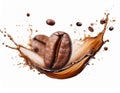 Coffee beans with splash isolated on white background Royalty Free Stock Photo