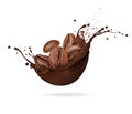 Coffee beans in splashes of chocolate isolated on a white background Royalty Free Stock Photo
